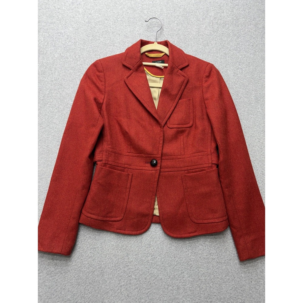 J.Crew Womens Blazer 0 Red Herringbone 100% Wool Lined Pockets Style 7807